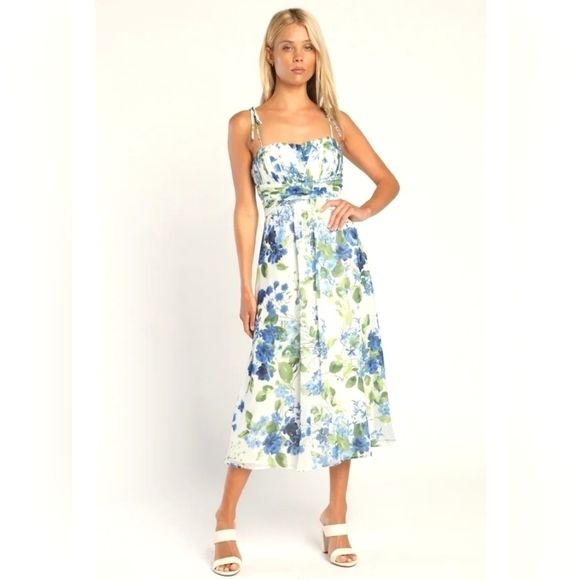 LULUS NWT Pretty Poetic Blue White Floral Chiffon Midi Dress Y2K sz M - Picture 1 of 9